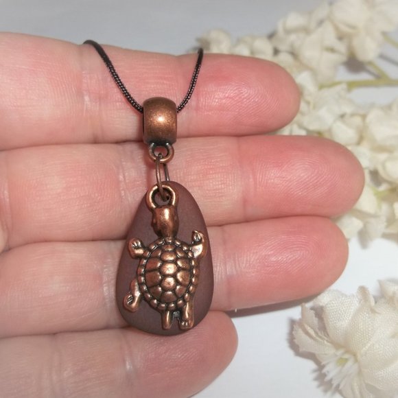 Copper and Brown Turtle Necklace Faux Beach Glass Vacation Wear Jewelry Set 7055 - Picture 8 of 12